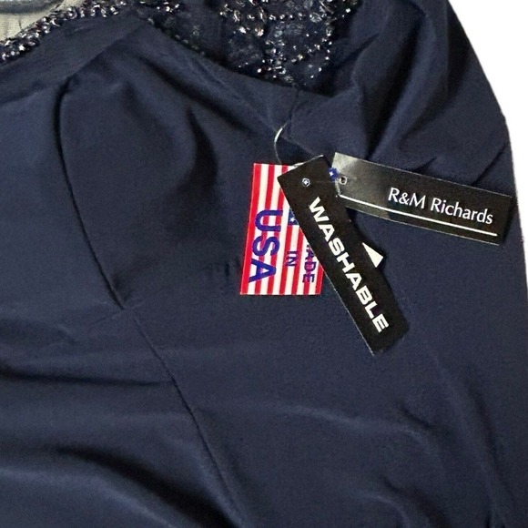 R&M RICHARDS Long Dress with Sheer Beaded Neck and Shoulder Size 10 Navy Blue - Picture 16 of 16